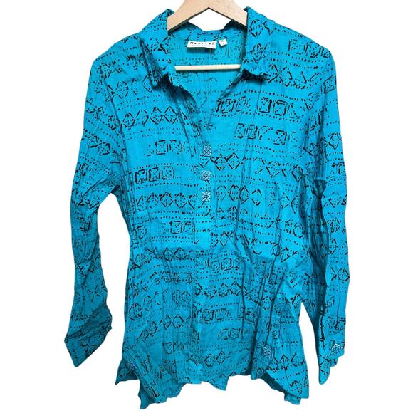 Habitat Clothes To Live In Tribal Blue Button Up Shirt blouse Medium M - Picture 1 of 5